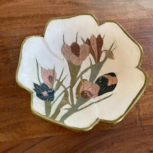 Vintage Handpainted Iris Flowers on Solid Brass Trinket Dish